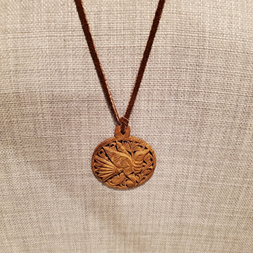 Bohemian wooden medallion necklace, leather cord, 20" adjustable